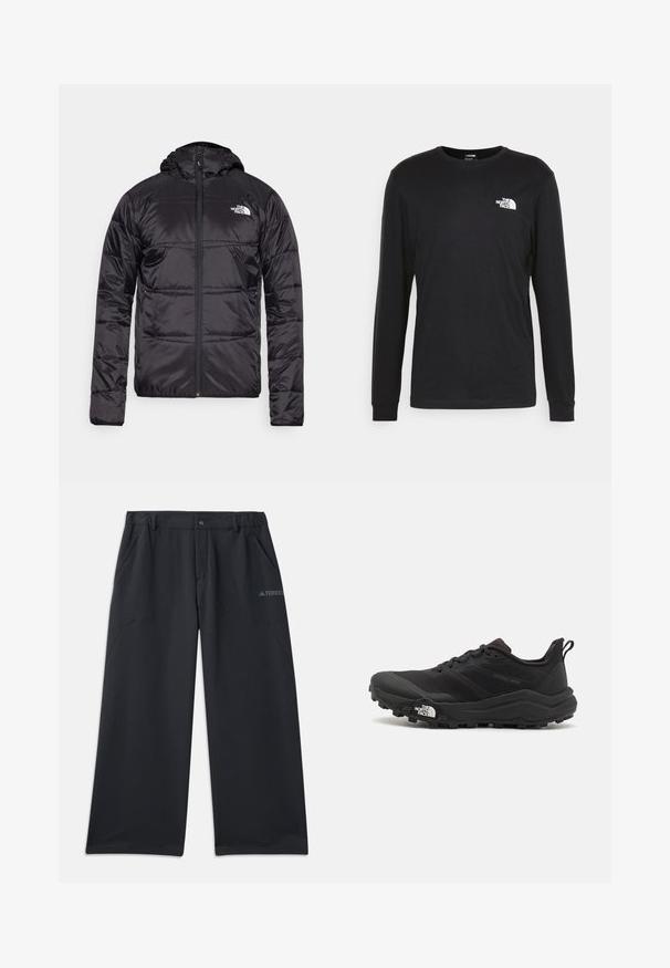 Musta puhvjakas kapuutsiga, tikandeid sisaldava disainiga, lukuga ning vasakul rinnal North Face'i logo. Valmistatud kergest, läikivast materjalist.; Musthave musta pika varrukatega t-särk, mis on valmistatud puuvillast. Esiplaanil on valge logo vasaku rinna kohal ning ribitekkide detailid. Särk on sileda tekstuuriga ja ümar lõikega kaelusega.; Mustad välispüksid, mis on lõdva istuvusega, kaks küljetaskut ja nööpkinnitusega. Valmistatud vastupidavast, kerge kaaluga materjalist.; Must tume jooksujalats musta värvi, tekstuurse ülemise osaga, kummist tallaga ja tugevdatud varbaga. Omab pehmendusega krae ja tõmblinti mugavaks selga panemiseks.