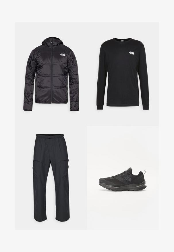 Mustat puffatakki, jossa on huppu, tikattu muotoilu, vetoketjusulku ja North Face -logo vasemmassa rinnassa. Valmistettu kevyestä, kiiltävästä materiaalista.; Musta pitkähihaine t-paita, joka on valmistettu puuvillasta ja jossa on valkoinen logo vasemmassa rinnassa sekä ribbauskiristykset. Sileä rakenne ja pyöreä kaula-aukko.; Mustat cargo-housut, joissa on elastinen vyötärö, kaksi vetoketjullista taskua ja kevyt, sileä kangas.; Musta urheilujalkine, jossa on verkko päällinen, kumipohja ja pehmustettu varsi. Varusteena nauhat, logo sivussa ja teksturoitu kuvio.