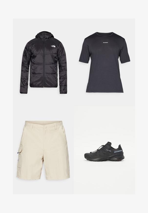 Crna zimska jakna s kapuljačom, kvačena dizajn, zatvaranje na zip, i logo North Face na lijevoj strani prsa. Napravljena od laganog, sjajnog materijala.; Crna kratkotrajna majica za performanse s kratkim rukavima, napravljena od prozračnog materijala, s okruglim izrezom i malim bijelim logotipom "SALOMON" na prsima.; Bež kratke hlače od cargo s bočnim džepovima, zatvaranjem na dugme i teksturiranim materijalom. Ima malu oznaku na lijevom džepu.; Crne trail tenisice za trčanje s teksturiranim gornjim dijelom, elastičnim vezicama i Contagrip potplatom. Imaju uski fit i zaštitni vrh.