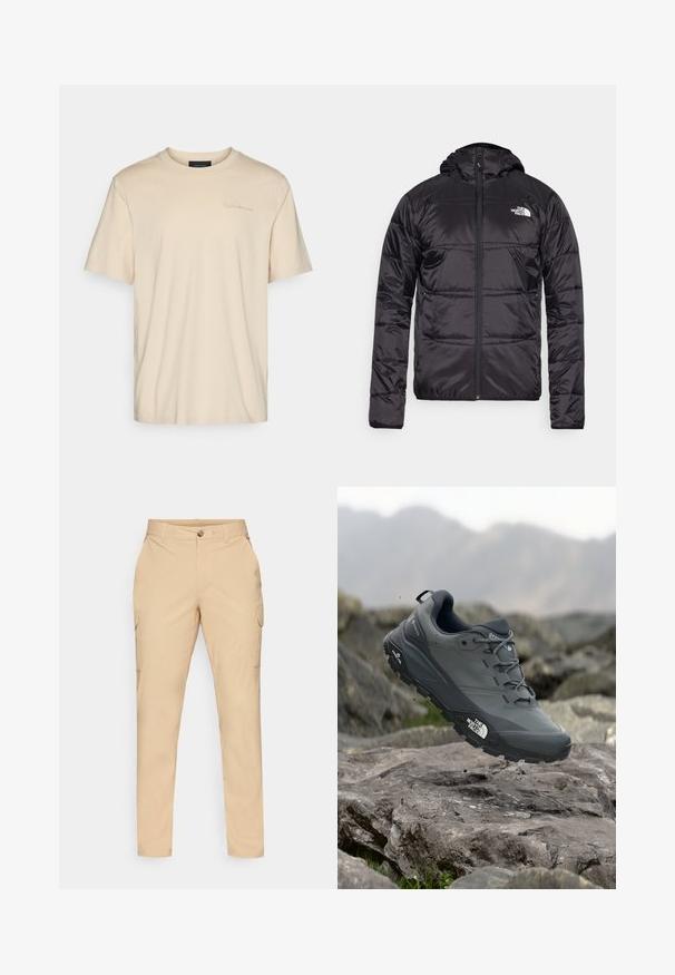 Svart dunjakke med hette, quiltet design, glidelås og North Face-logo på venstre bryst. Laget av lett, skinnende materiale.; Beige bomull t-skjorte med kort erme og rund hals. Har en subtil logo brodert på brystet. Myk og glatt tekstur.; Beige cargo bukser med knappestolpe, slim fit, sidelommer og et glatt bomullsblandingsstoff. Ingen synlige mønstre eller aksenter.; Grå terrengløpesko med en teksturert overdel, slitesterk gummisåle og forsterket tåhette. Inkluderer snørebånd og merkevarelogo på siden.