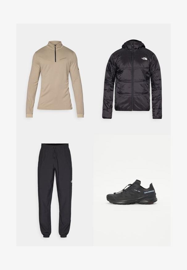 Black puffer jacket with a hood, quilted design, zipper closure, and the North Face logo on the left chest. Made from lightweight, shiny material.; Beige long-sleeve shirt with a high collar and a half zipper. Features a diagonal seam and subtle branding on the chest. Smooth texture.; Black athletic pants made from lightweight fabric, featuring a drawstring waistband, side pockets, and tapered cuffs at the ankles.; Black trail running shoe with a textured upper, elastic laces, and Contagrip outsole. Features a snug fit and protective toe cap.