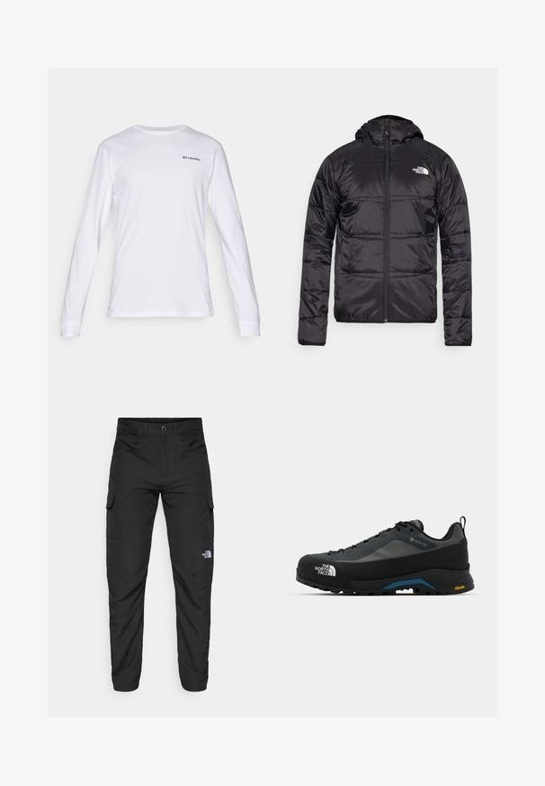 Fekete steppelt pehelykabát kapucnival, cipzáros záródással, a bal mellkason a North Face logóval. Könnyű, fényes anyagból készült.; Hosszú ujjú, fehér pamut póló, kerek nyakkivágással és egy kis fekete Columbia logóval a mellkason. Puha tapintású, testhezálló fazon.; The North Face HORIZON PANT - Szabadtéri nadrágok - black; The North Face VERTO ALPINE GORE TEX - Túracipők - asphalt grey/tnf black