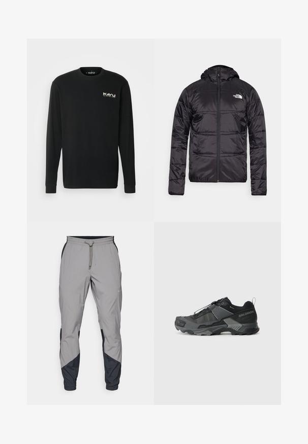 Černá pufrová bunda s kapucí, prošívaný design, zapínání na zip a logo North Face na levé části hrudi. Vyrobena z lehkého, lesklého materiálu.; KAVU ETCH ART - Top s dlouhým rukávem - black; Lehké šedé sportovní kalhoty s černými detaily. Elastický pas, stahovací šňůrka, tapered nohavice a boční kapsy.; Černá trailová běžecká bota s odolným síťovaným svrškem, vyztuženou špičkou, texturovanou gumovou podrážkou a elastickým šněrovacím systémem pro bezpečné uchycení.