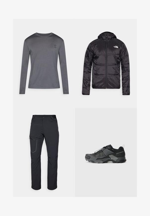 Svart dunjakke med hette, quiltet design, glidelås og North Face-logo på venstre bryst. Laget av lett, skinnende materiale.; Langermet skjorte i mørkegrå, laget av mykt stoff. Har et lite blomstertrykk på brystet og rund hals. Enkel design.; Svart utendørsbukser med en glidelåslomme på låret, elastisk midje og glatt, vannavstøtende stoff. Renslig design uten synlige logoer.; Svart terrengløpesko med et slitesterkt maskeoberoende, forsterket tåhette, teksturert gummisåle og elastisk lissystem for sikre tilpasning.