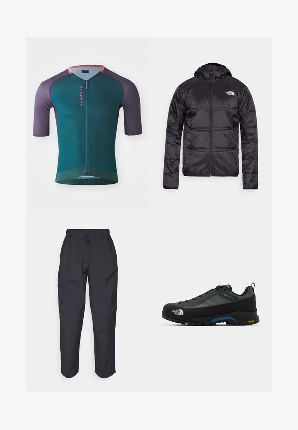 Zwarte pufferjack met een capuchon, gewatteerd ontwerp, ritsluiting en het North Face-logo op de linkerkant van de borst. Gemaakt van lichtgewicht, glanzend materiaal.; Korte mouw fietsshirt in teal met paarse schouders, voorzien van een kwartrits, textuurstof en een roze logo aan de voorkant.; Zwarte cargo pants gemaakt van een lichtgewicht, waterafstotend materiaal; voorzien van een elastische tailleband, meerdere met rits gesloten zakken en taps toelopende pijpen.; The North Face VERTO ALPINE GORE TEX - Outdoorschoenen - asphalt grey/tnf black