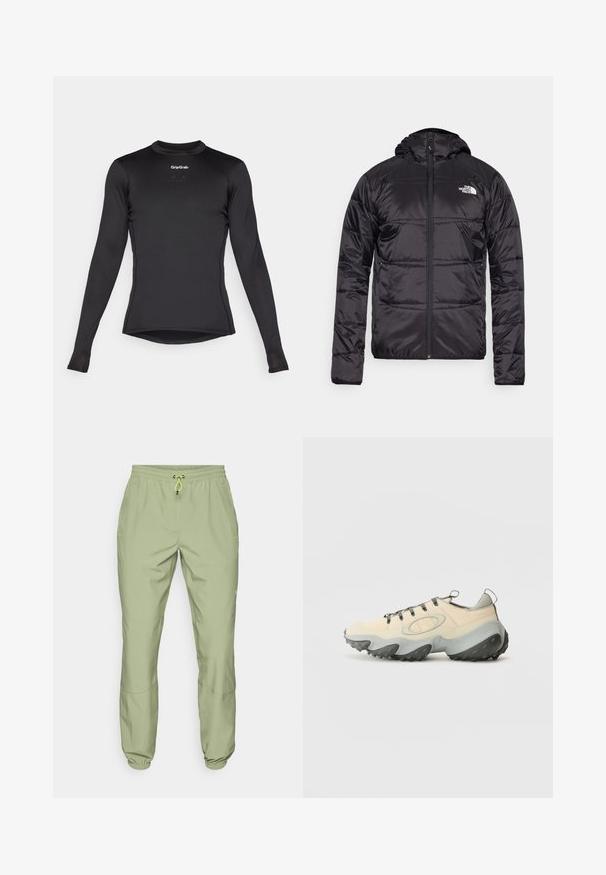 Casaco puffer preto com capuz, design acolchoado, encerramento com fecho zip e o logótipo da North Face no lado esquerdo do peito. Feito de material leve e brilhante.; Camisola de base de manga longa preta com textura em grelha, decote redondo e logotipo GripGrab no peito. Ajuste ligeiramente cintado com bainha.; Calças de desporto verde-claro com cintura elástica, fecho com cordão e punhos nos tornozelos; apresenta dois bolsos laterais e uma textura suave.; Ténis atléticos bege com um upper em malha texturizada, sola de borracha cinza, design curvo proeminente e atacadores cinzentos. Apresenta um laço de puxar no calcanhar.