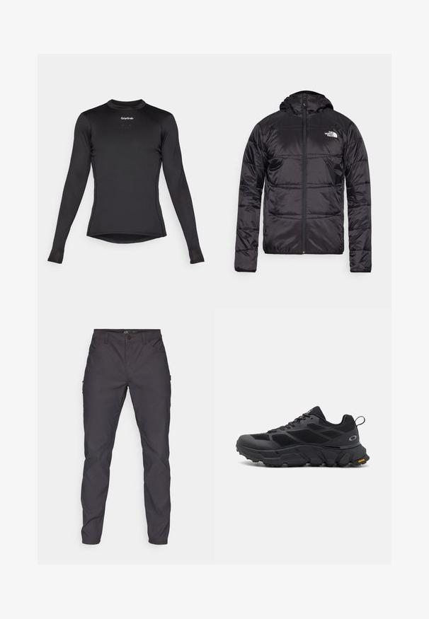 Čierna prešívaná bunda s kapucňou, s oceľovým zapínaním a logom North Face na ľavom prsníku. Vyrobená z ľahkého, lesklého materiálu.; Čierny dlhý rukáv základný top s textúrou v mriežke, okrúhly výstrih a logo GripGrab na hrudi. Trochu zúžený strih s lemom.; Tmavošedé cargo nohavice s hladkým povrchom, s prednými vreckami a bočným vreckom; zapínanie v páse na gombík.; Čierne atletické topánky s mohutnou podrážkou, vrchnou časťou z textilu a syntetiky, textúrovanými akcentmi a značkou Vibram na podrážke.