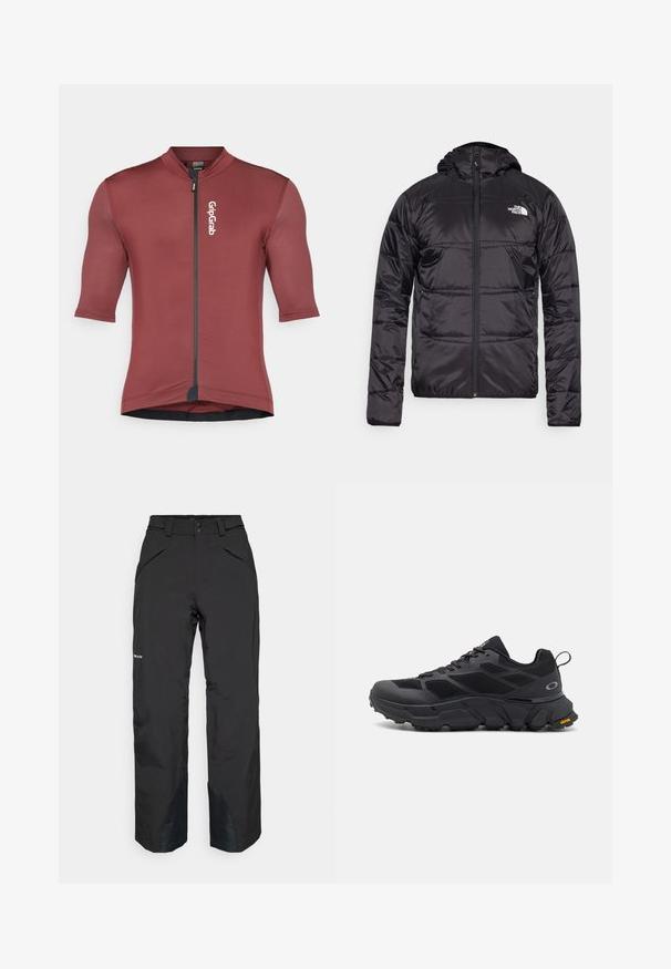 Doudoune noire avec capuche, design matelassé, fermeture éclair et logo The North Face sur la poitrine gauche. Fabriquée en matériau léger et brillant.; Maillot de cyclisme à manches courtes bordeaux en tissu extensible, doté d'une fermeture éclair à l'avant et du logo GripGrab sur le côté supérieur gauche.; Pantalons imperméables noirs à coupe droite, dotés de poches zippées, d'accents de bas de jambe renforcés et d'une finition lisse.; Baskets de sport noires avec une semelle épaisse, tige en mesh et synthétique, accents texturés et marque Vibram sur la semelle extérieure.