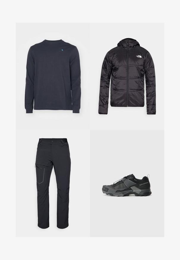 Musta puhvjakas kapuutsiga, tikandeid sisaldava disainiga, lukuga ning vasakul rinnal North Face'i logo. Valmistatud kergest, läikivast materjalist.; Klättermusen ROOT LOGO TEE - Pikkade varrukatega topp - raven; Mustad musta värvi välispüksid, millel on tõmblukuga reiepocket, elastne vöökoht ja sile, veekindel kangas. Puhas disain ilma nähtavate logodeta.; Musta matkajooksuking, millel on vastupidav sissetõmmatav mesh-ülemine osa, tugevdatud varbavarras, tekstureeritud kummitald ja elastne sidumisüsteem kindla sobivuse tagamiseks.