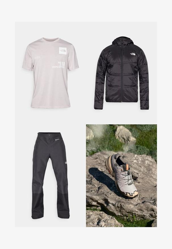 Musta puhvjakas kapuutsiga, tikandeid sisaldava disainiga, lukuga ning vasakul rinnal North Face'i logo. Valmistatud kergest, läikivast materjalist.; Heled halli puuvillane t-särk lühikeste varrukatega, millel on logo vasakul rinnal ja trükitud tekst: "ÄRA KUNAGI KATKESTAGE UURIMIST," ning koordinaadid.; Mustad vettpidavad püksid, millel on sile tekstuur, ees GORE-TEX logo ja tugevdatud alumised jalad vastupidavuse tagamiseks.; Helehallid hallid jooksujalatsid beežide aktsentidega, tekstureeritud pealis, mustad paelad ja väljendunud tugi talla all. Omab brändi logo.