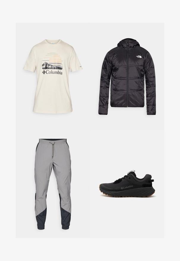 Musta puhvjakas kapuutsiga, tikandeid sisaldava disainiga, lukuga ning vasakul rinnal North Face'i logo. Valmistatud kergest, läikivast materjalist.; Heledabež torda puuvillane t-särk, millel on mägede ja päikese graafiline print. Kujunduses on pastelsed värvid ja Columbia logo.; Kergedatud hallid sportlikud püksid mustade aktsentidega. Elastne vöökoht, stringiga sulgemine, kitsenev jala disain ja küljetaskud.; Must musta Columbia spordijalu, millel on tekstureeritud pind, pehmed ääred ja kummist välistald, millel on silmapaistev muster haarduvuse jaoks.