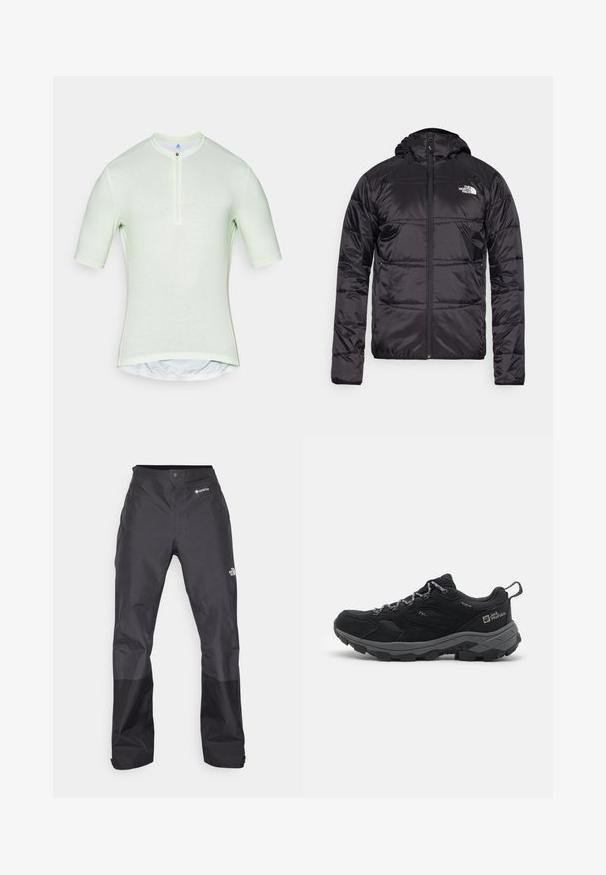 Black puffer jacket with a hood, quilted design, zipper closure, and the North Face logo on the left chest. Made from lightweight, shiny material.; Light green short-sleeve shirt with a high collar, half-zip closure, and a fitted design. Features smooth fabric with slight texture.; Black waterproof pants with a smooth texture, featuring a GORE-TEX logo on the front, and reinforced lower legs for durability.; Black hiking shoes with a combination of suede and mesh materials, featuring a grey rubber sole and reflective laces.