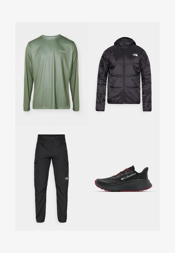 Musta puhvjakas kapuutsiga, tikandeid sisaldava disainiga, lukuga ning vasakul rinnal North Face'i logo. Valmistatud kergest, läikivast materjalist.; Columbia TERMINAL TACKLE PFG LINE TIME - Pikkade varrukatega topp - cypress; The North Face HORIZON PANT - Õuepüksid - black; Mustan värvi spordijalats tekstuuriga pealisega, punaste paelte ja logoga. Paksem tallaga, millel on mustritooted kaheksast edasi liikumiseks. Minimalistlik disain, külgvaade.