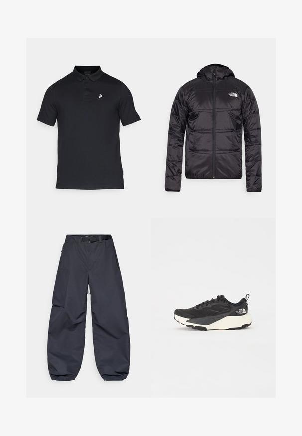 Svart dunjakke med hette, quiltet design, glidelås og North Face-logo på venstre bryst. Laget av lett, skinnende materiale.; Svart polo skjorte laget av bomull, med krage, tre knapper og en liten hvit logo på venstre bryst. Korte ermer, klassisk passform.; Mørkegrå cargo bukser laget av et mykt, slitesterkt materiale. De har en bred, løs passform, flere lommer og et belte i midjen for justering.; Svart treningssko med teksturert mesh-overdel, solide svarte detaljer og hvit, lett yttersåle. Har snøring og en løkke bak.