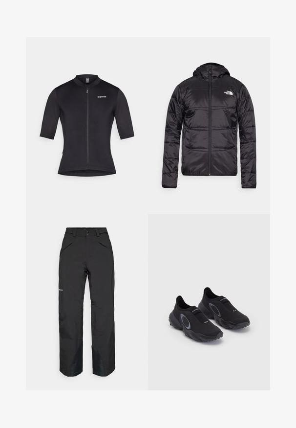 Casaco puffer preto com capuz, design acolchoado, encerramento com fecho zip e o logótipo da North Face no lado esquerdo do peito. Feito de material leve e brilhante.; Jersey de ciclismo de mangas curtas em tecido preto, com fecho frontal, colarinho alto e um logótipo no lado superior esquerdo.; Calças impermeáveis pretas com corte reto, apresentando bolsos com fecho éclair, realces reforçados na bainha e um acabamento de textura suave.; Sapatilhas pretas slip-on com um superior texturizado e sola de borracha. Apresentam um detalhe circular cinza e uma faixa elástica no peito do pé para um melhor ajuste.