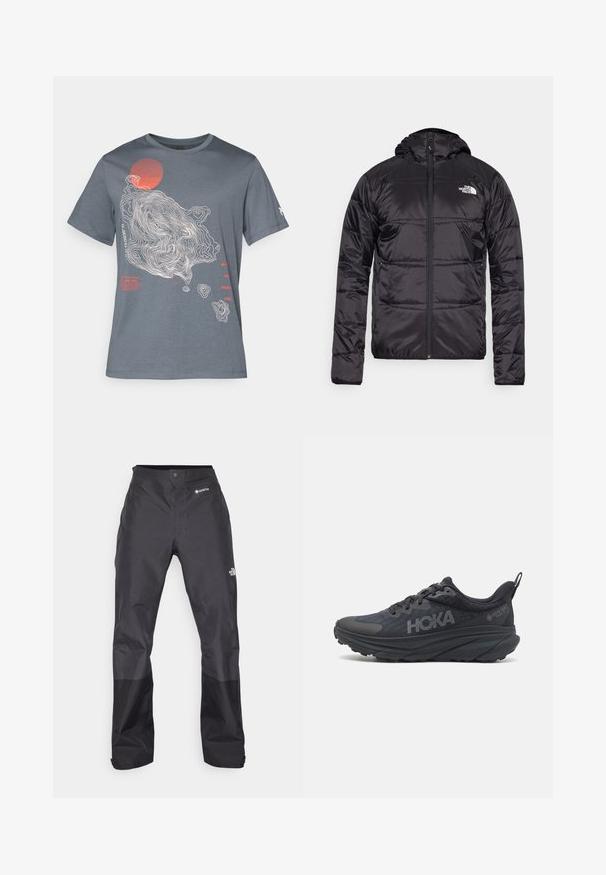 Sort dunjakke med hætte, quiltet design, lynlås lukning og The North Face-logo på venstre bryst. Lavet af let, skinnende materiale.; Grå bomulds-T-shirt med et topografisk design i hvid og en rød cirkel. Tekst i rød og hvid langs venstre side.; Sorte vandtætte bukser med en glat tekstur, der har et GORE-TEX-logo på fronten og forstærkede nederste ben for holdbarhed.; Sort Hoka løbesko med mesh-overdel, teksturerede detaljer og en tyk, polstret sål med skrånende kanter for forbedret støtte.