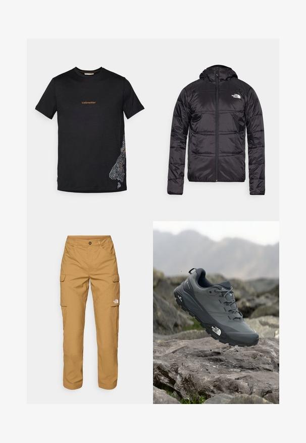 Svart dunjakke med hette, quiltet design, glidelås og North Face-logo på venstre bryst. Laget av lett, skinnende materiale.; Svart t-skjorte med korte ermer og teksten "icebreaker" i oransje på brystet, samt et hvitt topografisk kartdesign på nederste høyre side.; The North Face EXPLORATION PANTS - Cargobukse - utility brown; Grå terrengløpesko med en teksturert overdel, slitesterk gummisåle og forsterket tåhette. Inkluderer snørebånd og merkevarelogo på siden.