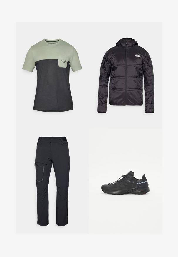 Čierna prešívaná bunda s kapucňou, s oceľovým zapínaním a logom North Face na ľavom prsníku. Vyrobená z ľahkého, lesklého materiálu.; Tričko s krátkym rukávom so svetlozelenou hornou časťou a tmavosivou dolnou časťou, so vreckom na hrudi a detailom loga.; Čierne vonkajšie nohavice s vreckom na stehne so zipsom, elastickým pásom a hladkým, vodoodolným materiálom. Čistý dizajn bez viditeľných log. ; Čierna trailová bežecká obuv s textúrovaným vrškom, elastickými šnúrkami a podrážkou Contagrip. Obsahuje tesný strih a ochrannú špicu.