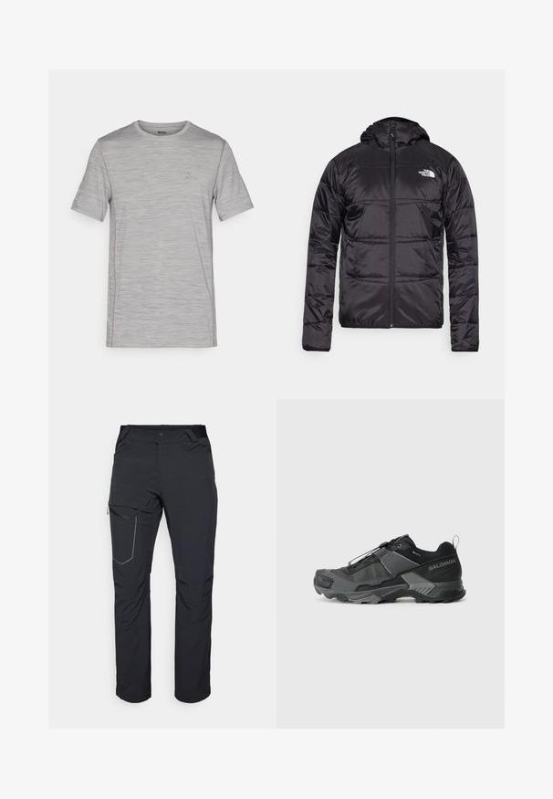 Svart dunjakke med hette, quiltet design, glidelås og North Face-logo på venstre bryst. Laget av lett, skinnende materiale.; Grå melert kortermet t-skjorte med rund hals, teksturert stoff og en liten logoakkent på brystet. Lett design.; Svart utendørsbukser med en glidelåslomme på låret, elastisk midje og glatt, vannavstøtende stoff. Renslig design uten synlige logoer.; Svart terrengløpesko med et slitesterkt maskeoberoende, forsterket tåhette, teksturert gummisåle og elastisk lissystem for sikre tilpasning.