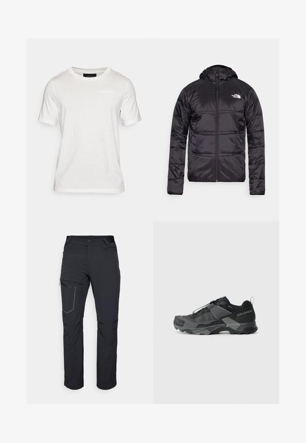Chaqueta acolchada negra con capucha, diseño acolchado, cierre de cremallera y el logo de The North Face en el lado izquierdo del pecho. Fabricada con material ligero y brillante.; Camiseta blanca de manga corta hecha de una tela suave. Presenta un escote redondo y un sutil detalle de marca en la parte frontal central.; Pantalones exteriores negros con un bolsillo en el muslo con cremallera, cintura elástica y tejido liso y resistente al agua. Diseño limpio sin logotipos visibles.; Zapatilla de trail running negra con parte superior de malla duradera, puntera reforzada, suela de goma texturizada y sistema de cordones elásticos para un ajuste seguro.