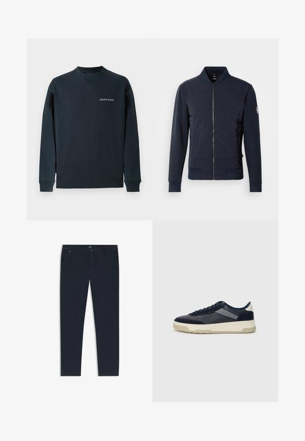 Navy blue bomber jacket featuring a padded front, sleek zip closure, and contrasting material at sleeves and cuffs. Simple, modern design.; Navy blue cotton sweatshirt with crew neck, ribbed cuffs, and hem. Features "LYLE & SCOTT" logo in white on the chest. Smooth texture.; Navy blue trousers made of lightweight fabric, featuring a straight leg design, side pockets, and a front button closure with branding detail.; BOSS BALTIMORE - Trainers - open blue