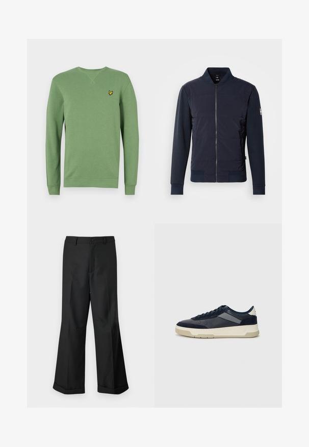 Jachetă bomber bleu marin cu un front căptușit, închidere cu fermoar elegantă și material contrastant la mâneci și manșete. Design simplu și modern.; Hanorac verde dintr-un material moale, cu guler rotund și mâneci lungi. Logo-ul notabil al unui păsăruie galben pe partea stângă a pieptului.; Pantaloni negri cu picioare largi, cu talie cu nasturi și margini răsucite, expuși pe un fundal alb simplu.; BOSS BALTIMORE - Sneakers low - open blue