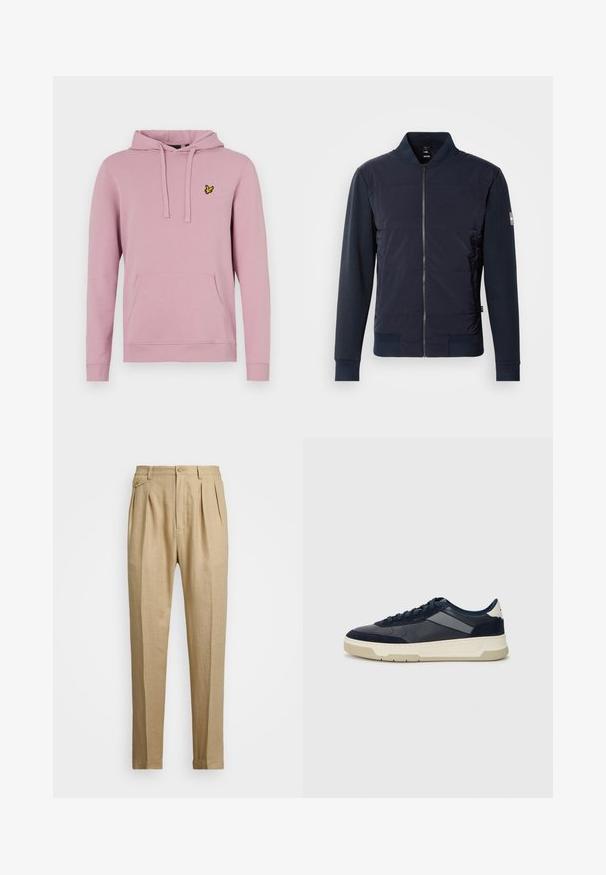 Tumši zilā bomber jakā ir polsterēta priekšpuse, elegants rāvējslēdzējs un kontrastējoši materiāli piedurkņu un aproču daļā. Vienkāršs, mūsdienīgs dizains.; Rozā kokvilnas kapuce ar kangaroo kabatu, aukliņu kapuci un mazu dzeltenu logotipu kreisajā krūtī. Mīksta tekstūra, ikdienišķs dizains.; Bēšas lina bikses ar taisnu griezumu, ar divām priekšējām krokām, pogu aizdari un sānu kabatām. Strukturēta auduma virsma ar gludu apdari.; BOSS BALTIMORE - Sporta apavi - open blue
