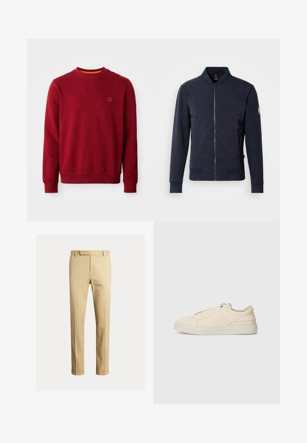 Tämä laivastonsininen pommikonejacketti on varustettu pehmustetulla edessä, tyylikkäällä vetoketjulla sekä erottuvalla materiaalilla hihoissa ja hihansuissa. Yksinkertainen, moderni muotoilu.; Punainen huppari, joka on valmistettu pehmeästä kankaasta, jossa on pyöreä pääntie, ribbireunat ja neliön muotoinen logopatchi vasemmassa rinnassa.; Khaki chinos valmistettu pehmeästä puuvillakankaasta, joissa on istuva muotoilu, etupleiteet ja nilkassa olevat hihnat kapean ilmeen saavuttamiseksi.; Beige nahkakengät, joissa on pyöreä kärki, minimalistinen muotoilu, hillityt ommellut yksityiskohdat ja teksturoitu päällinen, vaalealla pohjalla.
