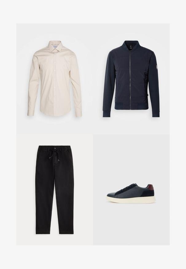 Casaco bomber azul marinho com frente acolchoada, fecho com zíper elegante e material contrastante nas mangas e punhos. Design simples e moderno.; Camisa de manga longa bege feita de tecido de algodão suave, com colarinho clássico, fecho frontal com botões e um pequeno logotipo no lado esquerdo do peito.; Calças casuais pretas com cintura elástica, cordão de ajuste, botão frontal e bolsos laterais, exibidas sobre um fundo simples.; Sapatilha baixa masculina em couro preto e camurça com aba de calcanhar em amarelo-escuro e sola de borracha branca, vista do lado exterior.