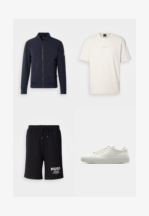Tumši zilā bomber jakā ir polsterēta priekšpuse, elegants rāvējslēdzējs un kontrastējoši materiāli piedurkņu un aproču daļā. Vienkāršs, mūsdienīgs dizains.; BOSS TEE - Pamata T-krekls - open white; Melni kokvilnas šorti ar elastīgu jostu un laukumu. Baltā "HUGO" logo uz kreisā gurniem. Vienkāršs dizains, līdz ceļiem.; Bālā ādas sporta apavi ar noapaļotu purngala formu, minimālisma dizains, pelēkās šņores un teksturēta pelēka gumijas zole. Redzami smalki dūriena detalizējumi.