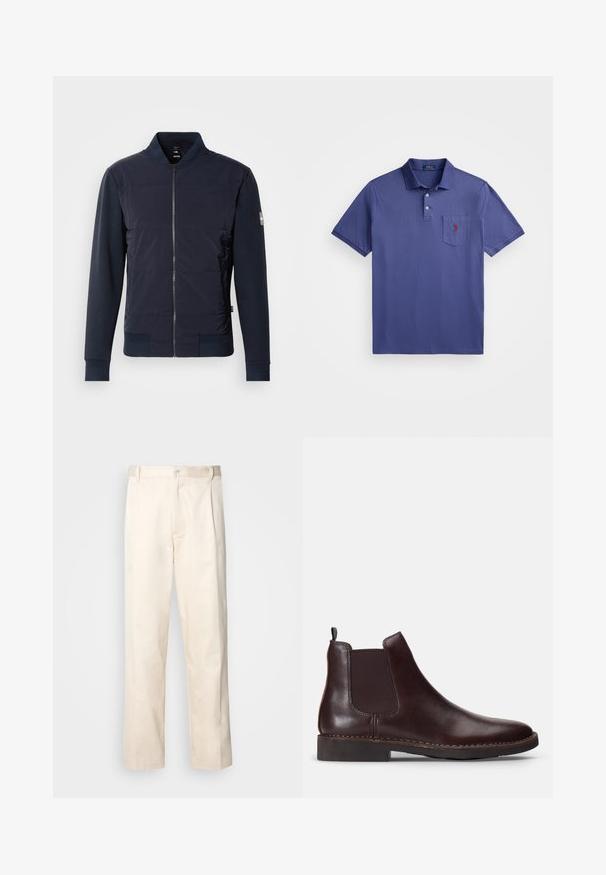 Tumši zilā bomber jakā ir polsterēta priekšpuse, elegants rāvējslēdzējs un kontrastējoši materiāli piedurkņu un aproču daļā. Vienkāršs, mūsdienīgs dizains.; Violeta polo krekls, izgatavots no kokvilnas, ar trīs pogām, īsām piedurknēm un krūšu kabatu ar sarkanu logo izšuvumu.; Bežā krāsā auduma bikses ar taisnu kāju griezumu, pievienotām pogu aizdares un priekšējiem krokām papildu detaļām.; Brūnas ādas Čelsijas zābaki ar elastīgām sānu panelēm, apaļu purngalu un zemu papēdi. Sīkā izšuvumu detaļa gar zolī.