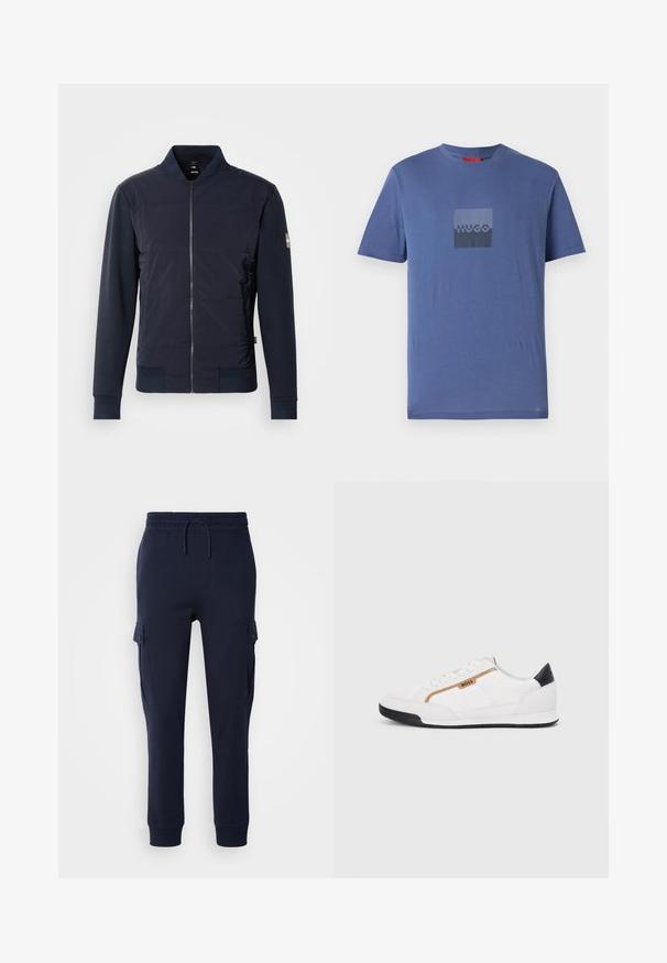Marineblauer Bomberjacke mit gepolsterter Vorderseite, schlanker Reißverschlussöffnung und kontrastierendem Material an Ärmeln und Bündchen. Einfaches, modernes Design.; Blaues T-Shirt aus weicher Baumwolle, mit einem quadratischen Logo in Dunkelgrau und dem Text "HUGO" in der Mitte, kurzen Ärmeln und einem Rundhalsausschnitt.; Marineblaue Cargo-Sweatpants aus weichem Stoff, mit elastischem Bund, Kordelzug und Seitentaschen mit Klappenverschluss.; Weiße Sportschuhe mit Mesh- und Lederelementen. Ausgestattet mit einem goldenen "BOSS"-Logo, strukturierten Seitenpaneelen und einer schwarzen Fersenkappe. Gummisohle.