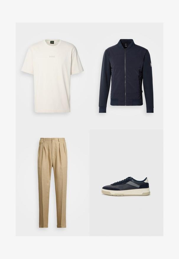 Bomber jakna u tamnoplavoj boji s podstavljenim prednjim dijelom, glatkim zatvaranjem na patentni zatvarač i kontrastnim materijalom na rukavima i manžetama. Jednostavan, moderan dizajn.; BOSS TEE - Osnovna majica kratkih rukava - open white; Bež lanene hlače ravnog kroja, s dva prednja nabora, zatvaranjem na gumb i bočnim džepovima. Tekstuirana tkanina s glatkom površinom.; BOSS BALTIMORE - Tenisice - open blue