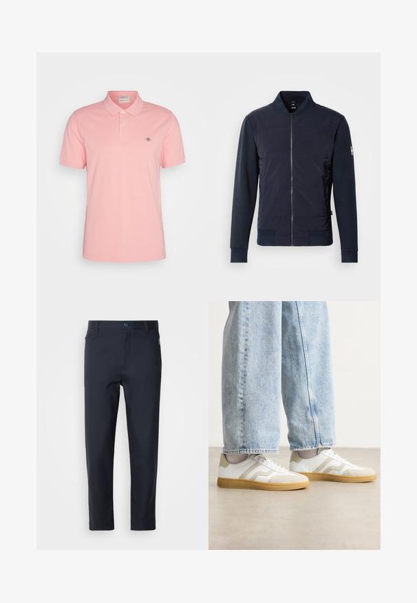 Námořnická modrá bomber bunda s polstrovaným předním dílem, elegantním zipem a kontrastním materiálem na rukávech a manžetách. Jednoduchý, moderní design.; GANT REG SHIELD SS - Polotričko - bubbelgum pink; Navy modré kalhoty na míru vyrobené z hladké tkaniny, s kapsou na zip, rovnými nohavicemi a knoflíkovým zapínáním v pase.; Bílé tenisky s béžovými semišovými akcenty a světlými gumovými podrážkami; mají nízký střih a strukturované detaily na svršku.