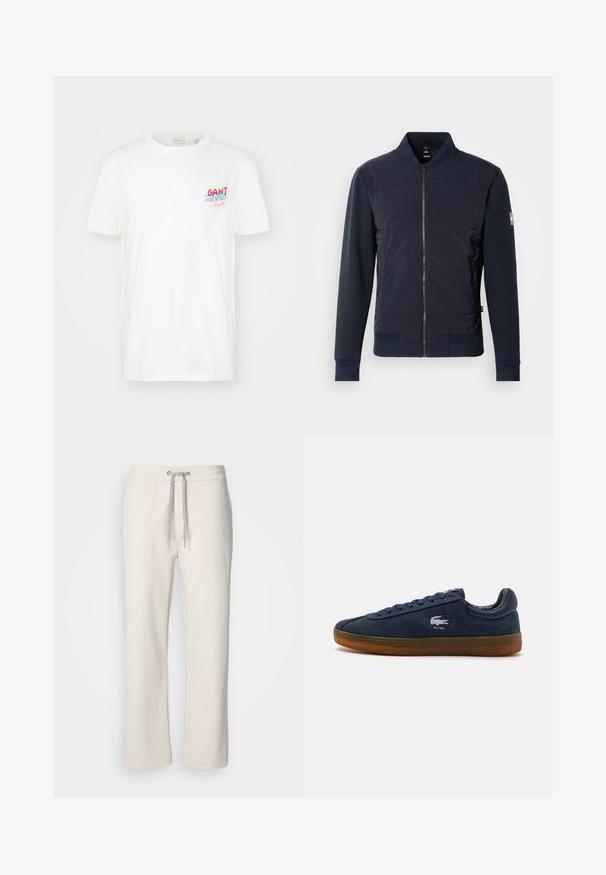 Navy blue bomber jacket featuring a padded front, sleek zip closure, and contrasting material at sleeves and cuffs. Simple, modern design.; White cotton T-shirt featuring short sleeves, a crew neck, and a colorful "GANT" logo with blue and red accents on the chest.; Cream-colored casual pants with a drawstring waist and straight legs, displayed against a plain white background.; Blue suede sneaker with a round toe, rubber sole, and lace-up closure. Features a small white logo on the side and a textured gum outsole.