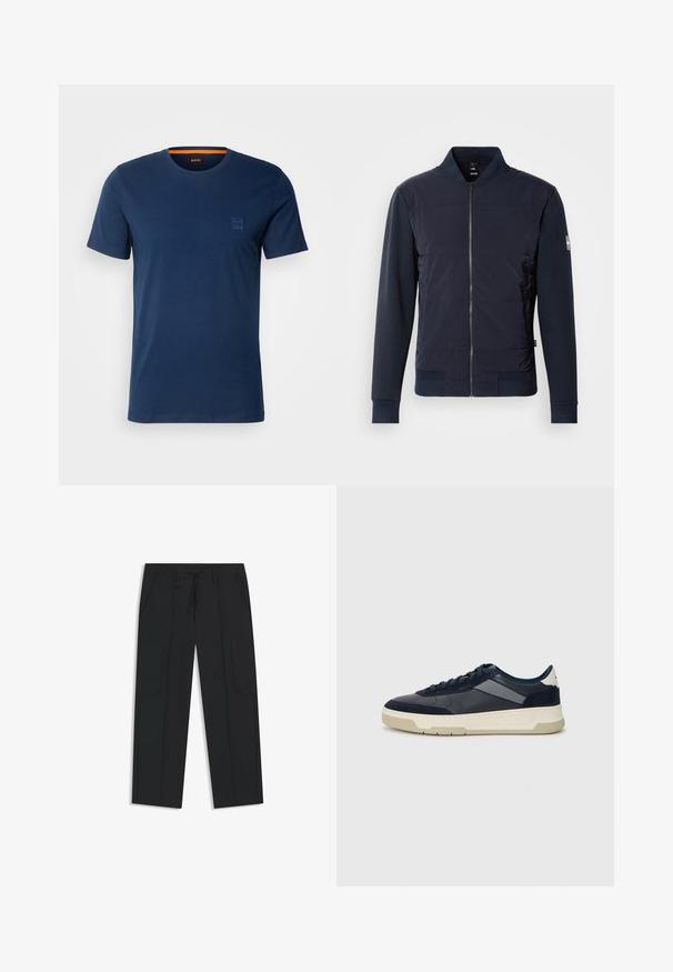 Giacca bomber blu navy con parte anteriore imbottita, chiusura con zip elegante e materiale a contrasto sulle maniche e sui polsini. Design semplice e moderno.; BOSS TALES - T-shirt basic - open blue; Pantaloni cargo neri in nylon. Presentano una cintura elasticizzata con cordino, tasche laterali e un design frontale piatto.; BOSS BALTIMORE - Sneakers basse - open blue