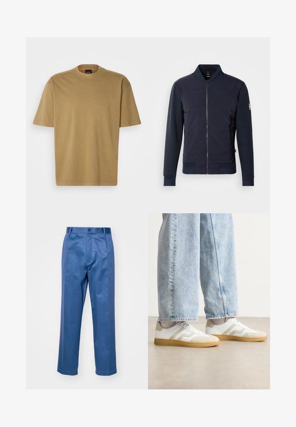 Námořnická modrá bomber bunda s polstrovaným předním dílem, elegantním zipem a kontrastním materiálem na rukávech a manžetách. Jednoduchý, moderní design.; Khaki bavlněné tričko s krátkým rukávem, kulatým výstřihem a volným střihem. Obsahuje minimalizované logo na vnitřní straně límce. Čistý a jednoduchý design.; Modré kalhoty vyrobené z hladké látky, s rovným střihem, zapínáním na knoflík a decentními švy.; Bílé tenisky s béžovými semišovými akcenty a světlými gumovými podrážkami; mají nízký střih a strukturované detaily na svršku.