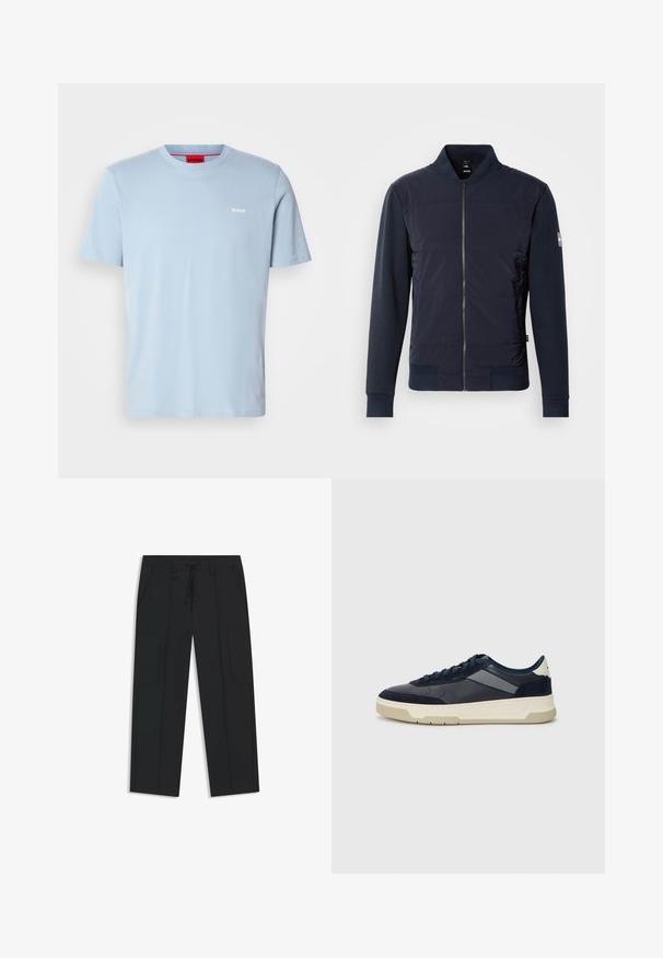 Navy blue bomber jacket featuring a padded front, sleek zip closure, and contrasting material at sleeves and cuffs. Simple, modern design.; Light blue cotton T-shirt with a crew neckline and short sleeves. Features a white logo "HUGO" on the chest and a red inner tag.; Black cargo pants made of nylon. Features an elastic waistband with a drawstring, side pockets, and flat front design.; BOSS BALTIMORE - Trainers - open blue