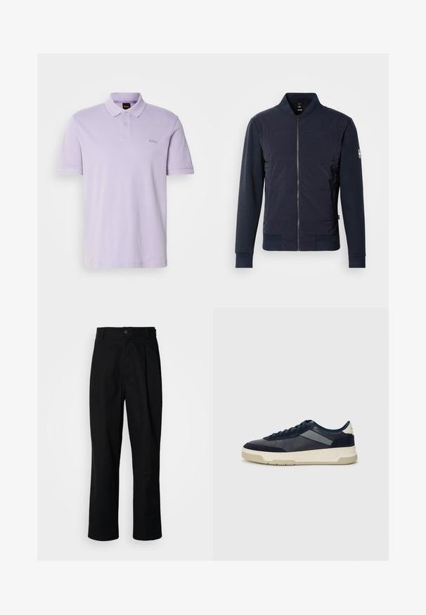 Mørkeblå bomberjakke med polstret front, stilrent glidelåslukking og kontrastmateriale på ermene og mansjettene. Enkel, moderne design.; Lavendel bomull polo skjorte med korte ermer, to-knappers placket og brodert "BOSS"-logo på venstre bryst. Glatt tekstur, klassisk passform.; Sorte bukser med rette ben, med knappet liv, belteholdere og frontfold, vist mot en enkel hvit bakgrunn.; BOSS BALTIMORE - Joggesko - open blue
