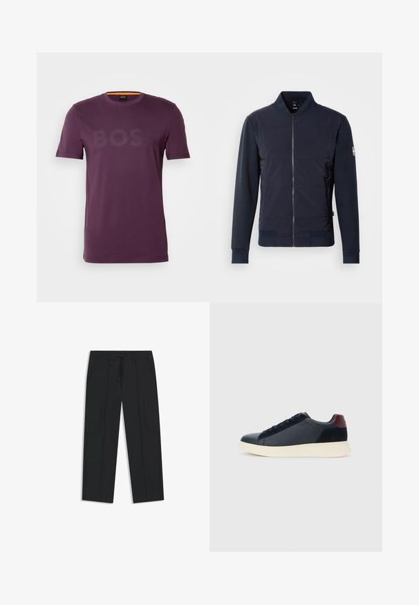 Tämä laivastonsininen pommikonejacketti on varustettu pehmustetulla edessä, tyylikkäällä vetoketjulla sekä erottuvalla materiaalilla hihoissa ja hihansuissa. Yksinkertainen, moderni muotoilu.; Violetti lyhythihainen T-paita, joka on valmistettu puuvillasta ja jossa on hienovarainen logo keskellä. Pyöreä pääntie oranssilla korostuksella sisäpuolella.; Mustat cargo-housut, jotka on valmistettu nailonista. Ominaisuudet sisältävät joustavan vyötärönauhan, jossa on nyöri, sivutaskut ja tasainen etupuoli.; Miestne bežecké tenisky s nízkym strihom v čiernej koži a semišovej úprave s bordovým jazykom a bielou gumovou podrážkou, pohľad z vonkajšej strany.