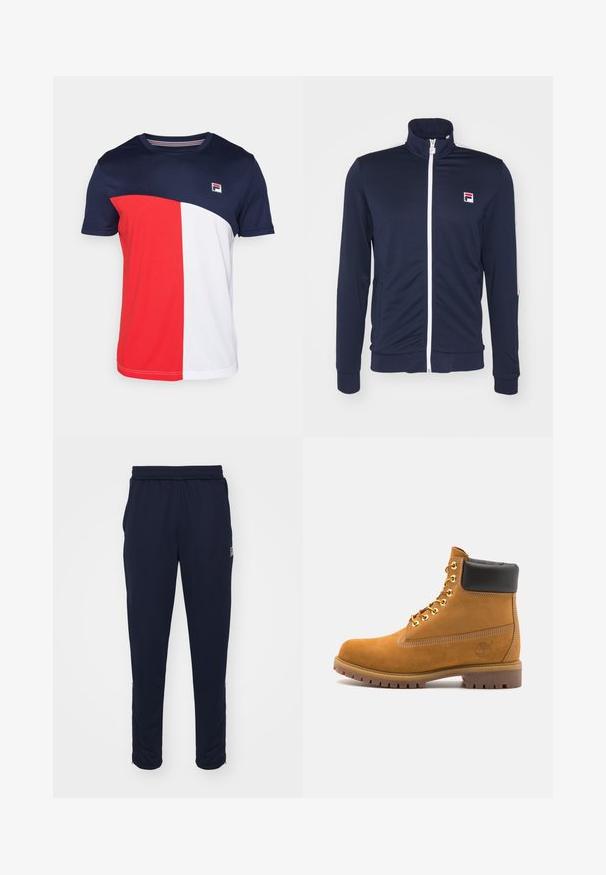 Námořnická modrá sportovní bunda s vysokým límcem, celopropínacím zipem, bílým zipem a kontrastními rukávy, vyrobená z hladkého, elastického materiálu.; Tričko s krátkým rukávem v námořnické modré, červené a bílé barvě, kulatý výstřih a malé logo na hrudi. Vyrobeno z texturované látky.; Námořnické sportovní kalhoty s elastickým pasem, bočními kapsami a zipovými lemy. Vyrobené z hladké, elastické tkaniny.; Hnědé semišové kotníkové boty s černým polstrovaným límcem, zlatými kovovými očky, bílým prošíváním a odolnou gumovou podrážkou s výraznými drážkami.