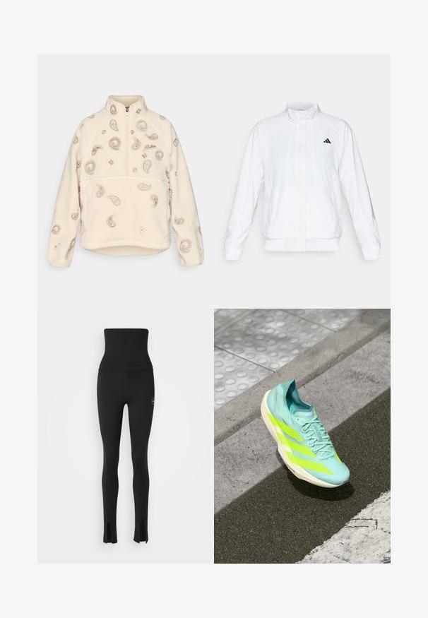 Vit idrottsjacka med ståkrage, långa ärmar och dragkedja fram. Innehåller en svart logotyp på övre vänstra sidan. Slät textur.; Krämsfärgad fleece-pullover med halvmatchande dragkedja, utsmyckad med paisley- och blommönster i beige, med hög krage och raglanärmar.; adidas by Stella McCartney Tights - black; Ljusblå löparskor med neongula accenter, elegant design, slät yta och en lågprofil-silhuett. Har snörning och varumärke.