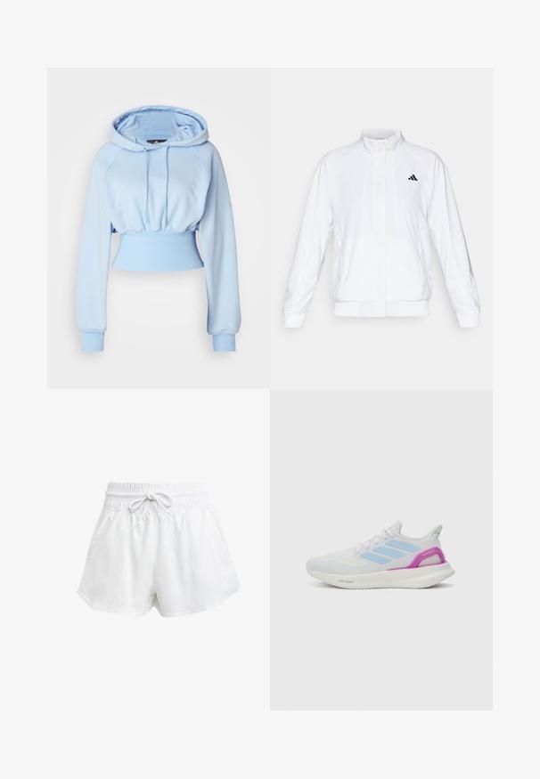 Biała sportowa kurtka z kołnierzem stójkowym, długimi rękawami i zapięciem na zamek. Posiada czarne logo po lewej stronie u góry. Gładka tekstura.; adidas by Stella McCartney - Bluza z kapturem; Białe sportowe szorty z elastycznym pasem i regulowanym sznurkiem. Wykonane z lekkiego materiału, z bocznymi kieszeniami i luźnym krojem.; adidas Performance PUREBOOST 5 biały