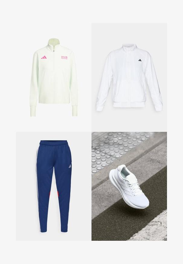 Giacca sportiva bianca con colletto alto, maniche lunghe e zip frontale. Presenta un logo nero nella parte superiore sinistra. Texture liscia.; Felpa bianca a maniche lunghe con zip a quarto, con logo rosa di Adidas sul lato sinistro del petto e logo del Maratona di Berlino BMW sul lato destro del petto.; Pantaloni della tuta blu navy con strisce bianche sui lati, vita elastica e dettagli rossi vicino all'orlo. Realizzati in un tessuto leggero e liscio.; Scarpa sportiva bianca con tomaia in mesh, design con lacci e suola testurizzata. Dettagli di branding sottili e costruzione senza cuciture visibili.