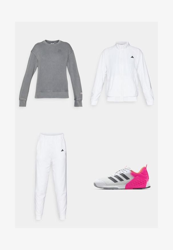 Valge spordijakk, millel on püsti krae, pikad varrukad ja lukuga eesmine osa. Ülemisel vasakul küljel on must logo. Sile tekstuur.; Hallhalli hallitusriidest särk pikki varrukatega, ümmarguse kaelusega ja rinnal logoga. Omab sujuva viimistlusega mansette ja allserva.; Valged spordipüksid elastse vöökoht ja pükste alumine serv. Omavad küljetaskuid ja väikest musta logo vasakul reitel. Sile kangast viimistlus.; Valge spordijalanõud hallide triipudega, sissetõmmatav ülemine osa ja roosa kanna ning aktsendid. Omab tekstureeritud kannaosa ja kummist väljaviset. Sidumispaelad ja pehmendusega kaelus.