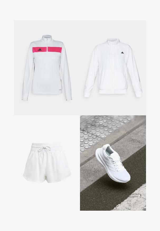 Veste de sport blanche avec un col montant, des manches longues et une fermeture éclair sur le devant. Présente un logo noir sur le côté supérieur gauche. Texture lisse.; Haut de sport à manches longues avec un corps blanc, un panneau de poitrine rose, des accents latéraux noirs et un col zippé. Fabriqué en tissu léger et respirant.; T-shirt de sport blanc à manches courtes, fabriqué en tissu lisse et extensible. Doté d'un petit logo noir Adidas sur la poitrine.; Shorts de sport blancs avec une taille élastique et un cordon de serrage réglable. Fabriqués en matériau léger, ils sont dotés de poches latérales et d'une coupe ample.; Baskets blanches de sport avec une tige en maille, un design à lacets et une semelle texturée. Marquage subtil et détails de construction sans coutures visibles.