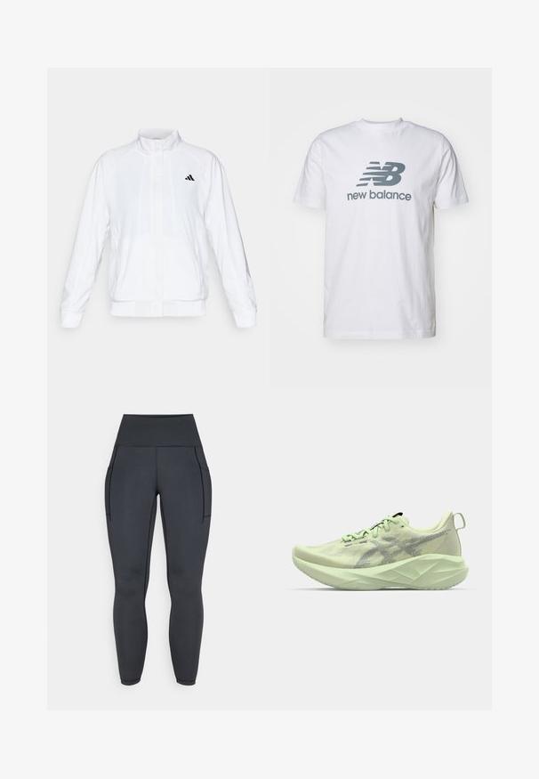 Witte sportieve jack met een opstaande kraag, lange mouwen en een rits aan de voorkant. Heeft een zwart logo op de bovenste linkerzijde. Glad textuur.; Witte katoenen t-shirt met een grijs "NB" logo en "new balance" tekst, korte mouwen, klassieke ronde hals ontwerp, zachte textuur.; Hoge taille zwarte leggings, gemaakt van rekbaar, soepel materiaal. Bevat twee zijzakken en contrasterende stiksels langs de naden.; Lichtgroene sportschoen met een bovenwerk van mesh, getextureerde accenten en een dikke, hoekige zool voor verbeterde demping en ondersteuning.