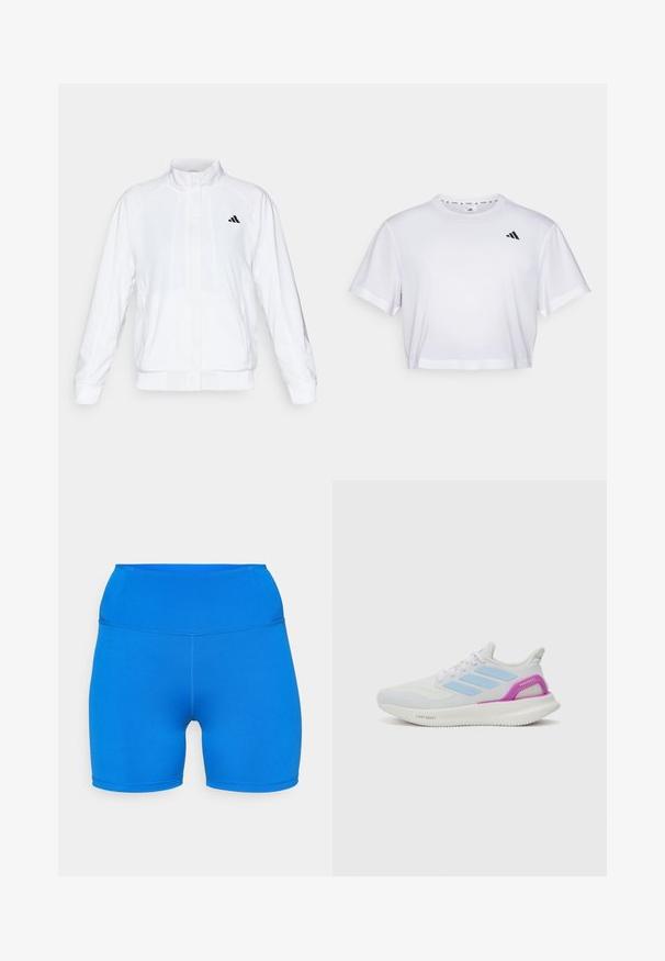 Bijela atletska jakna s uzdignutim ovratnikom, dugim rukavima i patentnim zatvaračem sprijeda. Ima crni logo na gornjem lijevom dijelu. Glatka tekstura.; Bijela skraćena majica od mekog materijala, s kratkim rukavima i okruglim izrezom. Crni logo na lijevoj strani prsnog koša.; Plave sportske kratke hlače izrađene od rastezljivog, prozračnog materijala. Imaju visok struk i bešavni dizajn, idealne za udobnost i kretanje.; adidas Performance PUREBOOST 5 - Tenisice za cestovno trčanje - white/glow blue/purple burst