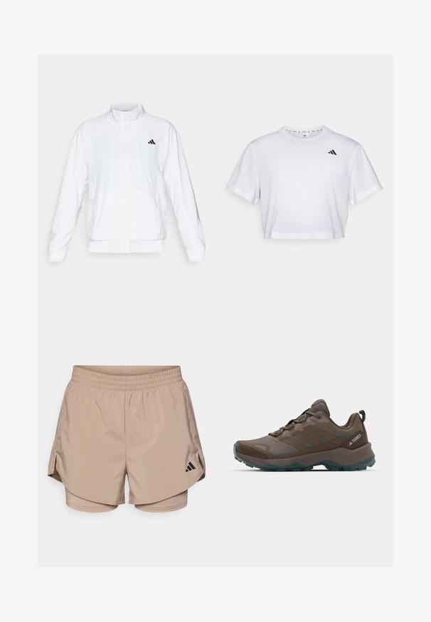 Casaco atlético branco com colarinho alto, mangas longas e fecho à frente com zip. Apresenta um logotipo preto no lado superior esquerdo. Textura suave.; T-shirt branca corta feita de tecido suave, com mangas curtas e decote redondo. Logotipo preto no lado esquerdo do peito.; Calções de desporto bege com um cós, apresentando aberturas laterais e calções interiores. Logótipo da Adidas em preto no lado inferior esquerdo. Textura de tecido suave.; Botas de caminhada cinzas e azul-turquesa com painéis em malha, parte superior texturizada e sola exterior em borracha robusta. Apresenta língua acolchoada e design com atacadores.
