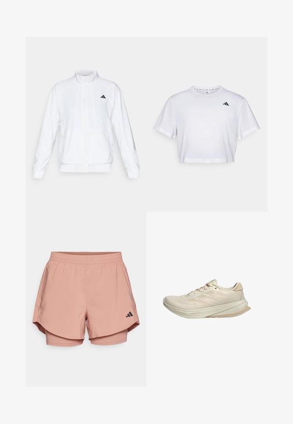 Vit idrottsjacka med ståkrage, långa ärmar och dragkedja fram. Innehåller en svart logotyp på övre vänstra sidan. Slät textur.; Vit kortärmad t-shirt i mjukt material, med rund halsringning. Svart logotyp på vänster bröst.; Rosa träningsshorts med elastisk midja, lagerdesign, sidofickor och svart Adidas-logotyp på nedre högra sidan.; Beige löparskor med ett andningsbart mesh-överkant, texturerat mönster, böjd sula och tre ränder på sidan. Lätta och moderna.
